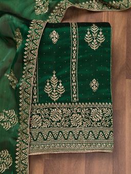 Koskii - Bottle Green Zari Unstitched Kurta and Unstitched Bottom with Dupatta (Set of 3)