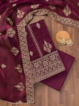 Koskii - Wine Zari Semi Crepe Unstitched Kurta and Unstitched Bottom with Dupatta (Set of 3)
