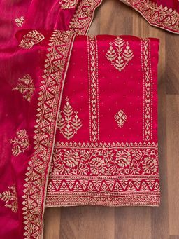 Koskii - Rani Pink Zari Semi Crepe Unstitched Kurta and Unstitched Bottom with Dupatta (Set of 3)