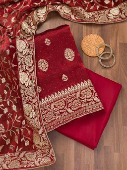 Koskii - Maroon Zari Semi Crepe Unstitched Kurta and Unstitched Bottom with Dupatta (Set of 3)