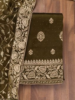 Koskii - Mehendi Zari Semi Crepe Unstitched Kurta and Unstitched Bottom with Dupatta (Set of 3)
