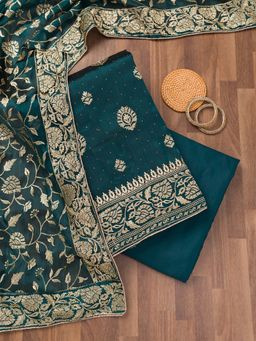 Koskii - Teal Zari Semi Crepe Unstitched Kurta and Unstitched Bottom with Dupatta (Set of 3)