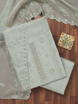 Koskii - Sea Green Zari Semi Crepe Unstitched Kurta and Unstitched Bottom with Dupatta (Set of 3)