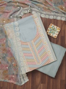 Koskii - Blue Zari Semi Crepe Unstitched Kurta and Unstitched Bottom with Dupatta (Set of 3)