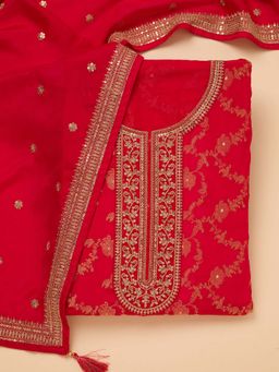 Koskii - Red Embroidered Tissue Unstitched Kurta and Unstitched Bottom with Dupatta (Set of 3)