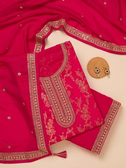 Koskii - Rani Pink Zari Tissue Unstitched Kurta and Unstitched Bottom with Dupatta (Set of 3)