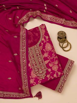 Koskii - Wine Zari Tissue Unstitched Kurta and Unstitched Bottom with Dupatta (Set of 3)