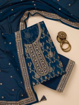Koskii - Navy Blue Zari Tissue Unstitched Kurta and Unstitched Bottom with Dupatta (Set of 3)