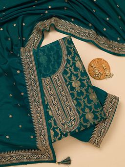 Koskii - Rama Green Zari Tissue Unstitched Kurta and Unstitched Bottom with Dupatta (Set of 3)