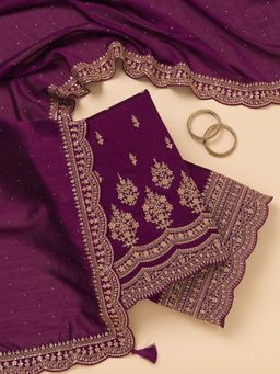 Koskii - Purple Embroidered Satin Unstitched Kurta and Unstitched Bottom with Dupatta (Set of 3)