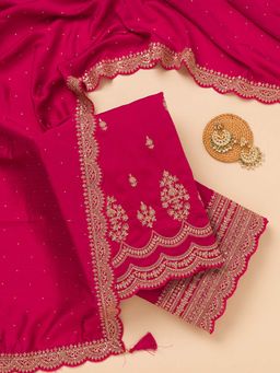 Koskii - Rani Pink Embroidered Satin Unstitched Kurta and Unstitched Bottom with Dupatta (Set of 3)