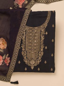 Koskii - Black Zari Semi Crepe Unstitched Kurta and Unstitched Bottom with Dupatta (Set of 3)