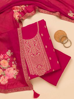 Koskii - Pink Zari Semi Crepe Unstitched Kurta and Unstitched Bottom with Dupatta (Set of 3)