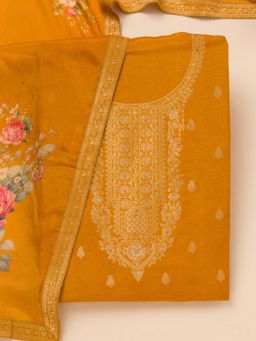 Koskii - Mustard Zari Semi Crepe Unstitched Kurta and Unstitched Bottom with Dupatta (Set of 3)