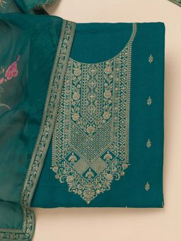 Koskii - Teal Zari Semi Crepe Unstitched Kurta and Unstitched Bottom with Dupatta (Set of 3)