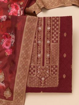 Koskii - Dark Maroon Zari Semi Crepe Unstitched Kurta and Unstitched Bottom with Dupatta (Set of 3)