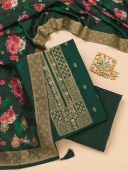 Koskii - Peacock Green Zari Unstitched Kurta and Unstitched Bottom with Dupatta (Set of 3)