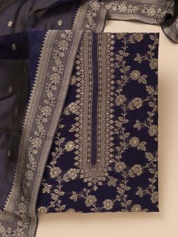 Koskii - Navy Blue Woven Satin Unstitched Kurta and Unstitched Bottom with Dupatta (Set of 3)