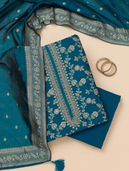 Koskii - Peacock Blue Zari Satin Unstitched Kurta and Unstitched Bottom with Dupatta (Set of 3)