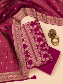 Koskii - Wine Zari Satin Unstitched Kurta and Unstitched Bottom with Dupatta (Set of 3)