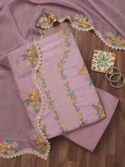 Koskii - Lavender Thread Work Tissue Unstitched Kurta and Unstitched Bottom with Dupatta (Set of 3)