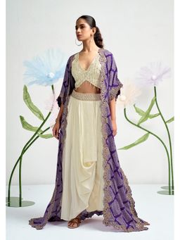 Rizabella - Cream Bandhani Top And Skirt with Cape