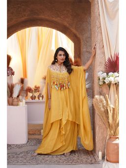 Rizabella - Yellow Beads And Stones Top And Skirt with Cape