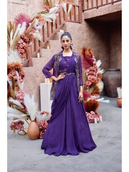 Rizabella - Purple Thread Work Top And Draped Skirt with Jacket