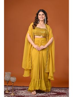 Rizabella - Yellow Mirror Work Top And Skirt with Shrug