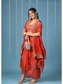 Rizabella - Rust Zari Top And Skirt with Shrug