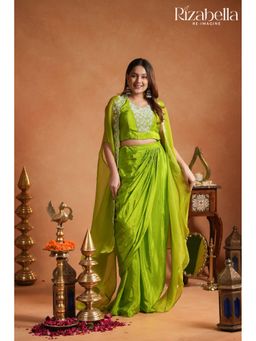 Rizabella - Green Beads And Stones Top And Skirt with Shrug