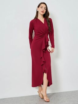 Styli - Women Red Solid V-Neck Long Sleeves Valentino Party A-Line Midi Dress