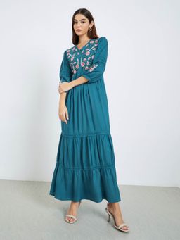 Styli - Women Teal Embroidered V-Neck Rayon Casual Tiered Maxi Dress