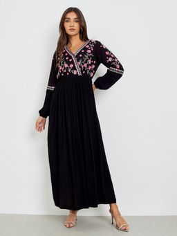 Styli - Women Black Embroidered V-Neck Long Sleeves Rayon Casual A-Line Maxi Dress