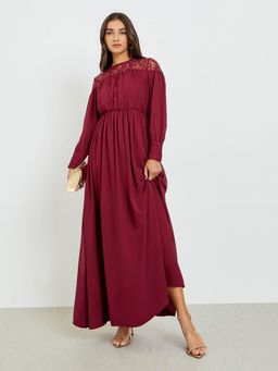 Styli - Women Maroon Boat Neck Synthetic Casual A-Line Maxi Dress