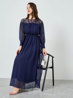 Styli - Women Navy Blue Boat Neck Synthetic Casual A-Line Maxi Dress