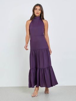 Styli - Women Purple Solid Halter Neck Sleeveless Synthetic Party Sheath Maxi Dress