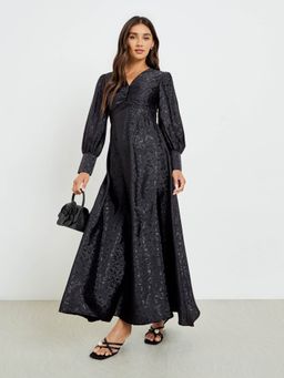 Styli - Women Black Floral V-Neck Long Sleeves Synthetic Party A-Line Maxi Dress