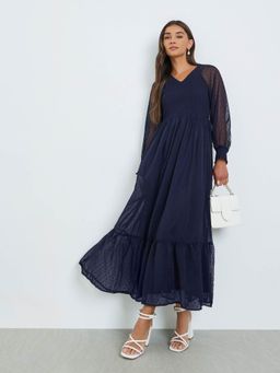 Styli - Women Navy Blue Self Design V-Neck Long Sleeves Chiffon Casual A-Line Maxi Dress