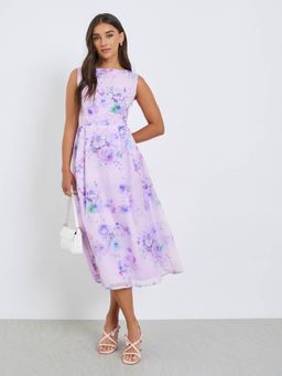 Styli - Women Pink Floral Printed Round Neck Sleeveless Synthetic Casual A-Line Midi Dress