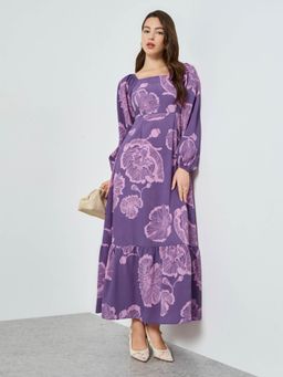 Styli - Women Lilac Floral Printed Square Neck Long Sleeves Synthetic Casual Dress