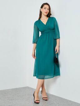 Styli - Women Teal Solid V-Neck Synthetic Casual A-Line Midi Dress
