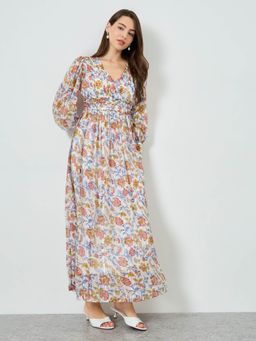 Styli - Women Multi Floral Printed V-Neck Long Sleeves Synthetic Casual A-Line Maxi Dress