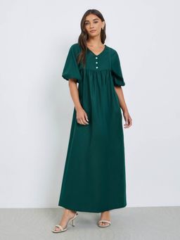 Styli - Women Green Solid V-Neck Long Sleeves Synthetic Casual A-Line Maxi Dress