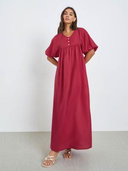 Styli - Women Maroon Solid V-Neck Long Sleeves Synthetic Casual A-Line Maxi Dress