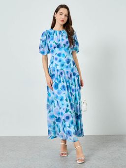 Styli - Women Blue Floral Printed Boat Neck Short Puff Sleeves Synthetic Casual Dress