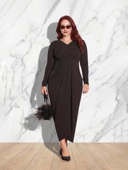 Miss Chase - A+ Curve Collection Plus Size Women's Black Full Sleeve Wrap Midi Dress