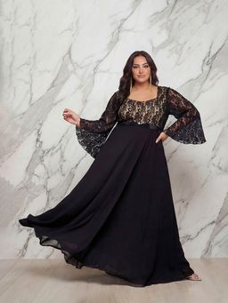 Miss Chase - A+ Curve Collection Plus Size Women's Black Full Sleeve Floral Gown