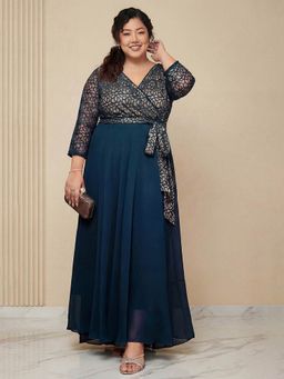Miss Chase - A+ Curve Collection Plus Size Women's Teal Floral Printed Gown