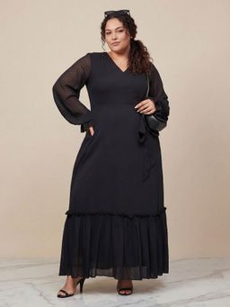 Miss Chase - A+ Curve Collection Plus Size Women's Black Self Design Wrap Maxi Dress